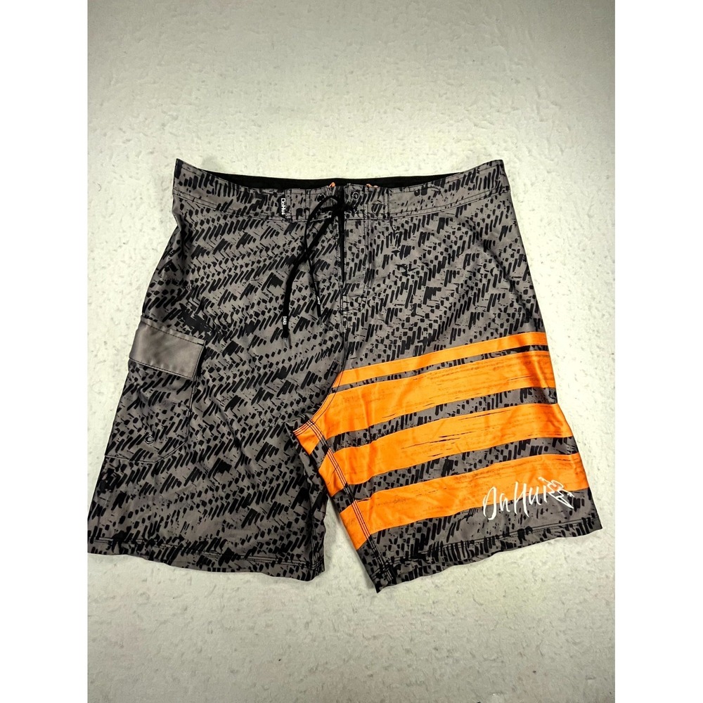 Da Hui Board Shorts Mens 32 Gray Orange Graphic Stretch Surf Swim Hawaiian Beach
